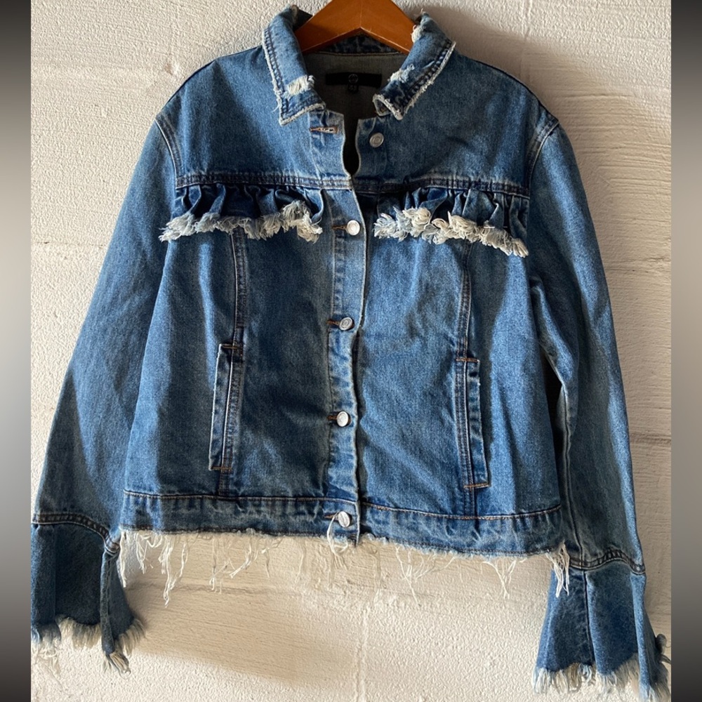 ASOS Distressed Blue Denim Jean Jacket with Fringed Trim Women’s Size 6